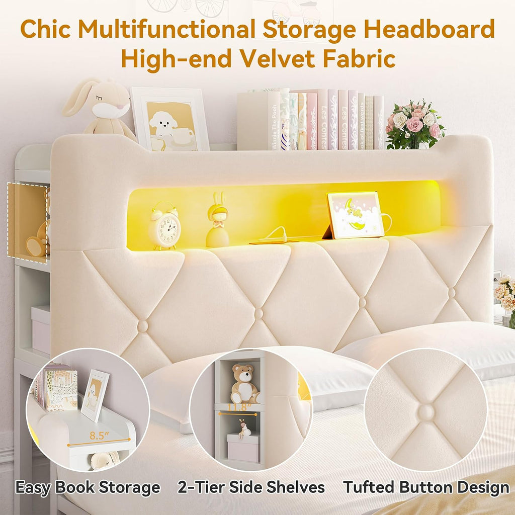 Queen Upholstered LED Bed Frame with 2 Storage Drawers and 2-Tier Storage Headboard,Velvet Princess Platform Bed with Charging Station & Bookcase, Corner Bed Frame, Heavy Duty Metal Support, Beige