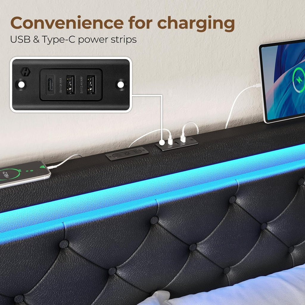 Rolanstar Twin Bed Frame with LED Lights and Charging Station, PU Leather Bed with Drawers, Wooden Slats, Noise Free, Easy Assembly, Black