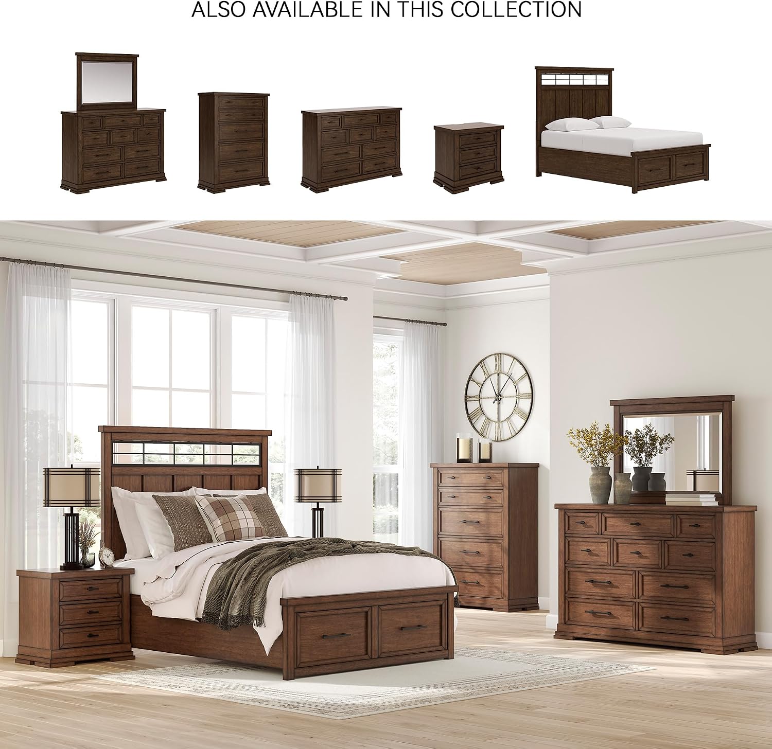 Signature Design by Ashley Taffenbrook Queen Bed Frame with Headboard, 2-Drawer Storage Platform Bed, Hardwood Solids, Mango Wood Veneer, MDF, Rich Brown Finish