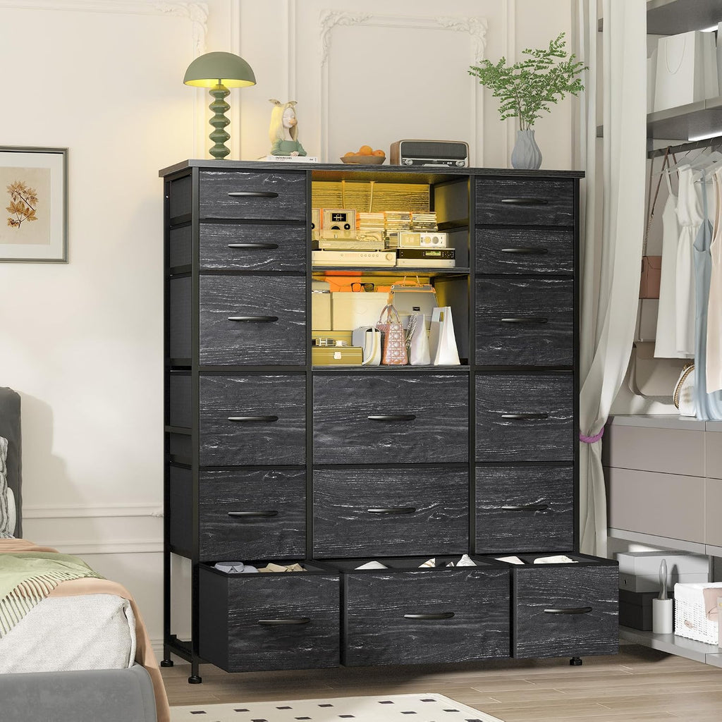 EnHomee 51' H Dresser with 15 Drawers Dresser for Bedroom with Charging Station & LED Lights & Hutch Sturdy Black Bedroom Dressers, Steel Frame, Wood Top, 51.2' H x 39.3' W x 11.8' D