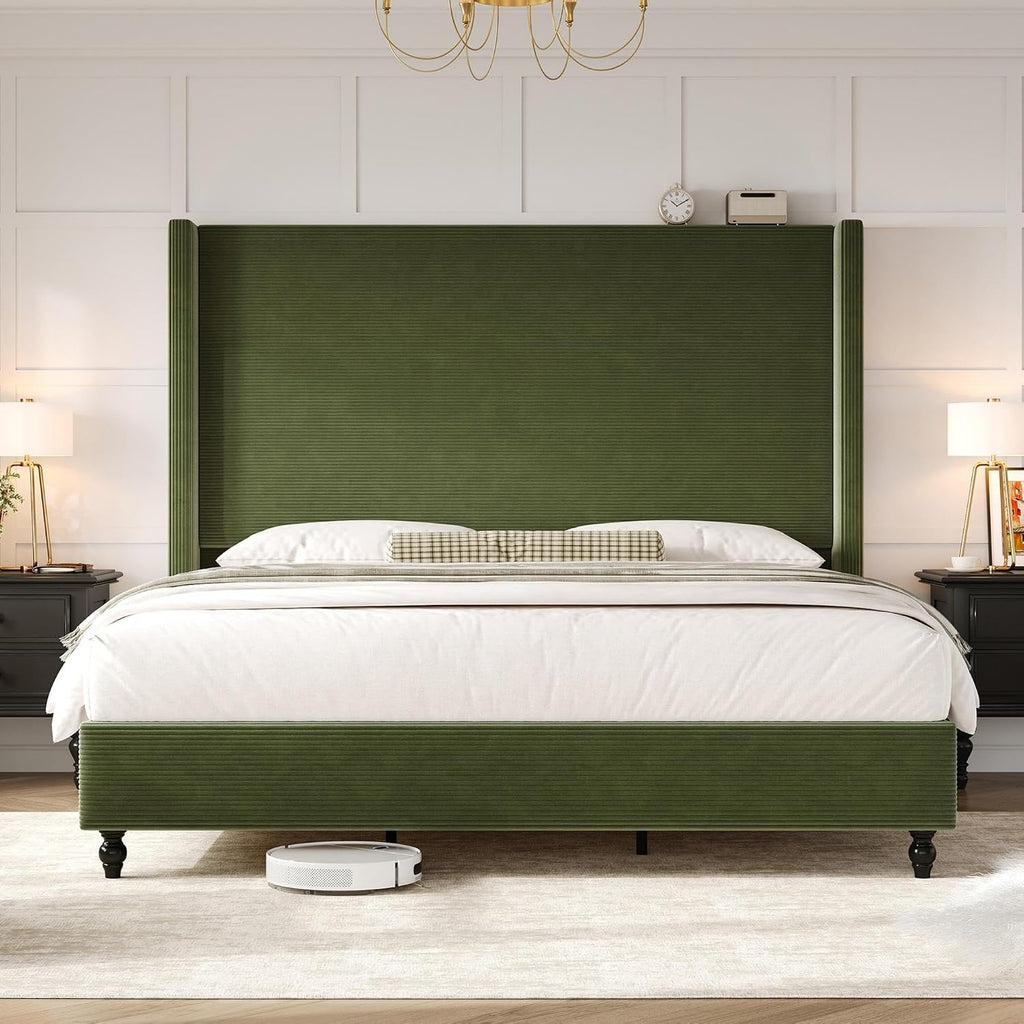 AMERLIFE King Size Bed Frame with 65' Tall Headboard, Upholstered Corduroy Bed Frame with Wingback, Platform Bed with Solid Wood Gourd Legs, Solid Slats, No Box Spring Needed, Green