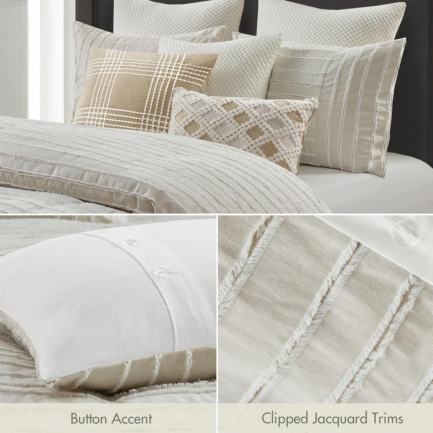 Madison Park Queen Comforter Set Clipped Jacquard Stripes with Buttons Boho Comforter for a Queen-Size Bed, Cotton Oversized Comforters with Removable Cover Boho Bedding, Queen Ivory 8 Piece