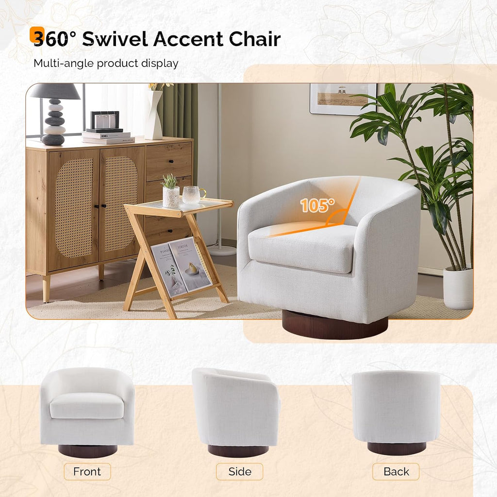 VINGLI 360°Swivel Accent Chairs Set of 2 with Engineered Wood Base and Removable Cushion for Living Room, Bedroom, Curved Back Barrel Chairs for Small Space, Upholstered Bucket Armchairs, Linen Beige