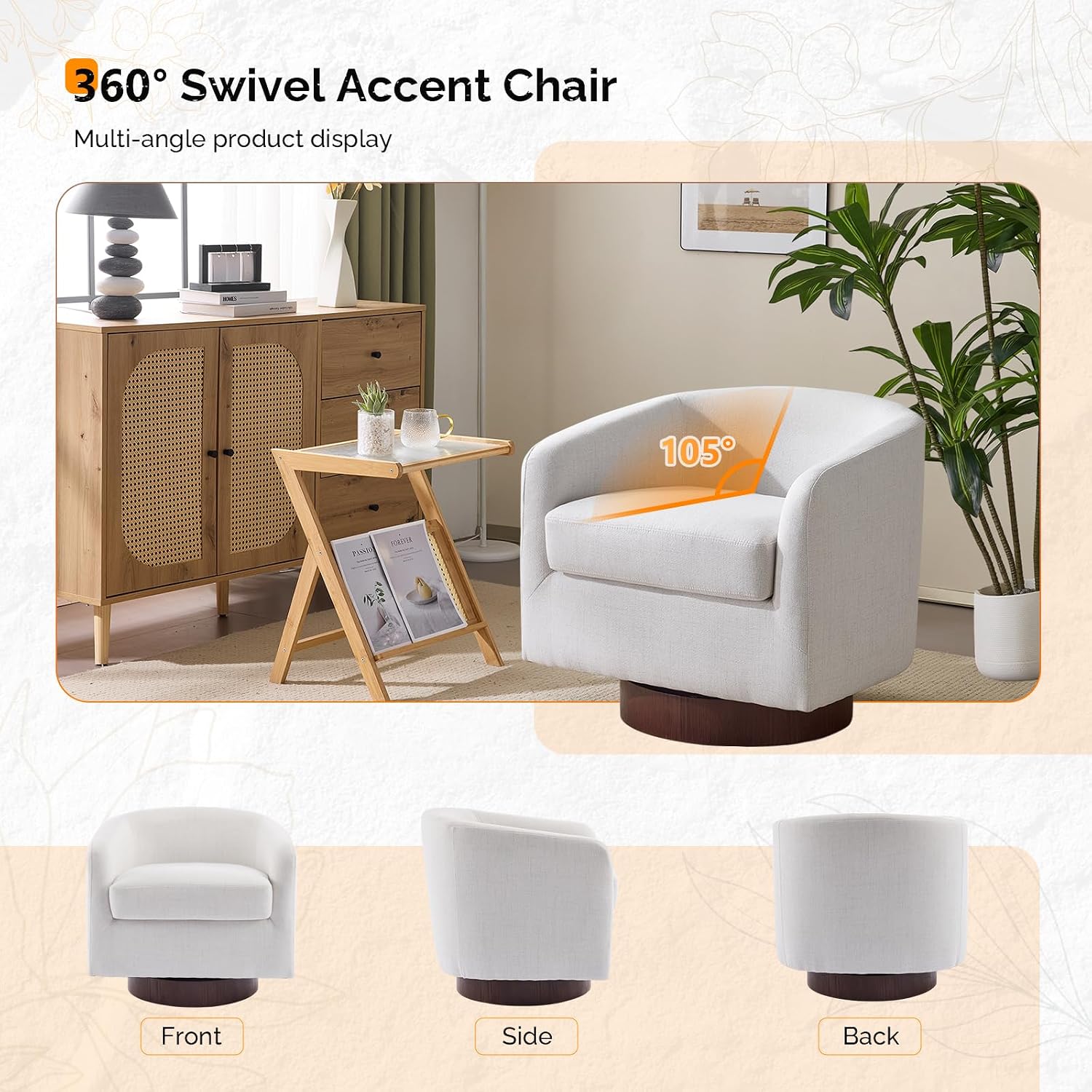 VINGLI 360°Swivel Accent Chairs Set of 2 with Engineered Wood Base and Removable Cushion for Living Room, Bedroom, Curved Back Barrel Chairs for Small Space, Upholstered Bucket Armchairs, Linen Beige