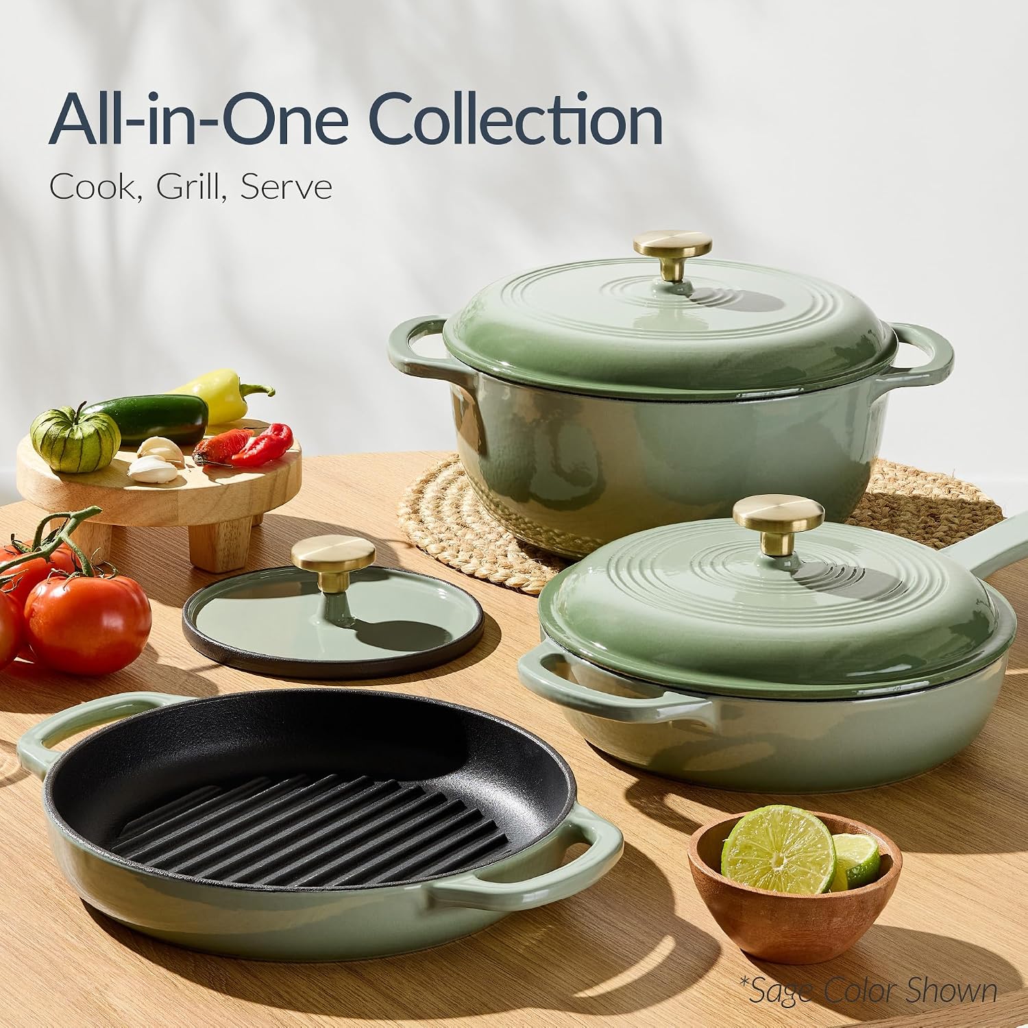 Best Choice Products Non-Stick Pot & Pan Cookware Set, Cast Iron, 2Qt Skillet W/Lid, 10' Grill Or Griddle Pan W/Press, 6Qt Enameled Dutch Oven, Non-toxic, For Cooking & Grilling - Blue