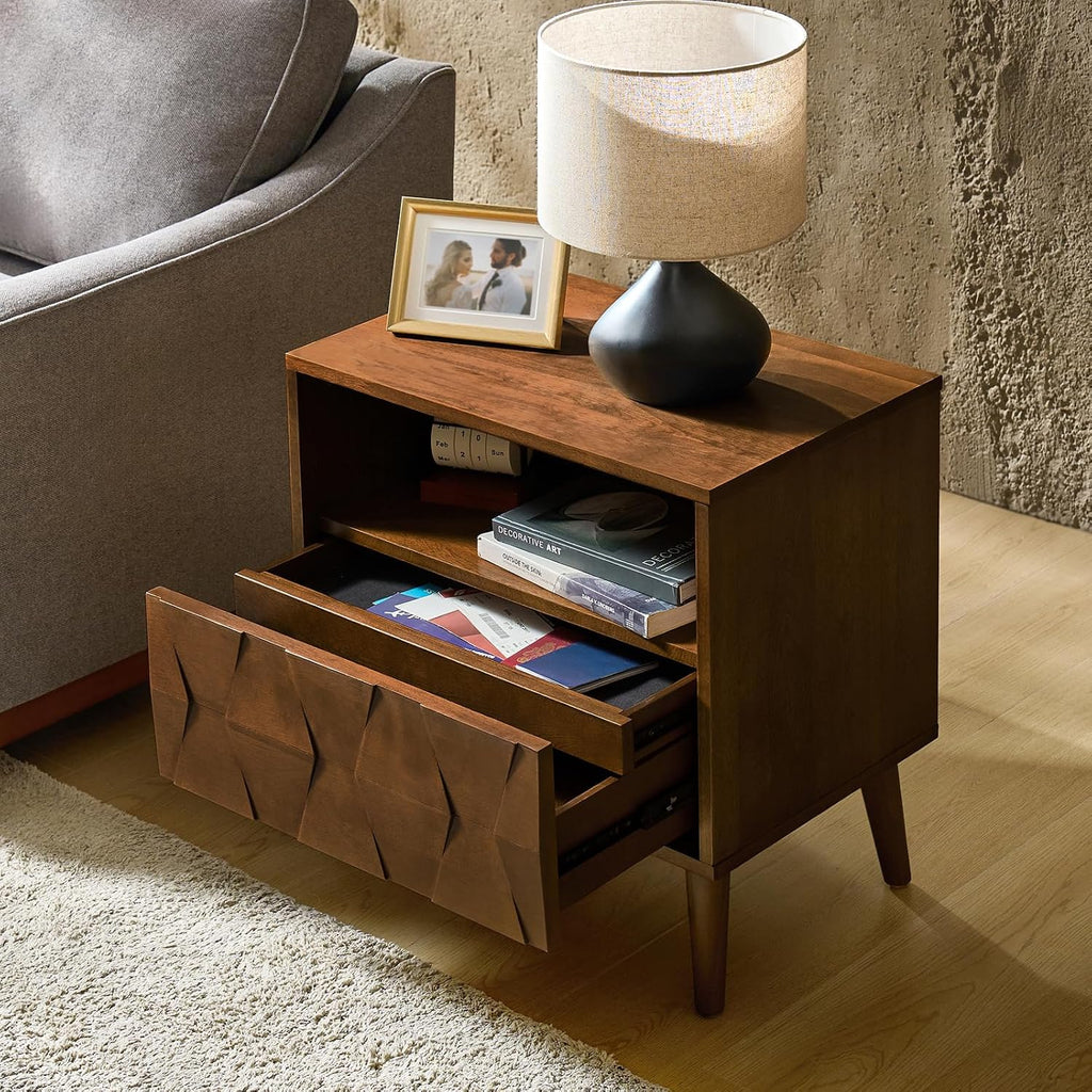 HULALA HOME Mid Century Modern Nightstand with Solid Wood Legs,Drawer Organizer with Charging Station, Geometric Pattern Nightstand, Walnut