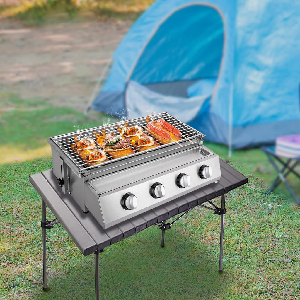 Commercial Gas Grill Smokeless Barbecue Grill, 4-Burner Outdoor & Indoor Barbecue Griddle, Portable Nonstick LPG Gas Yakitori Grill with Removable Grill Net for Restaurant, Picnic, Party