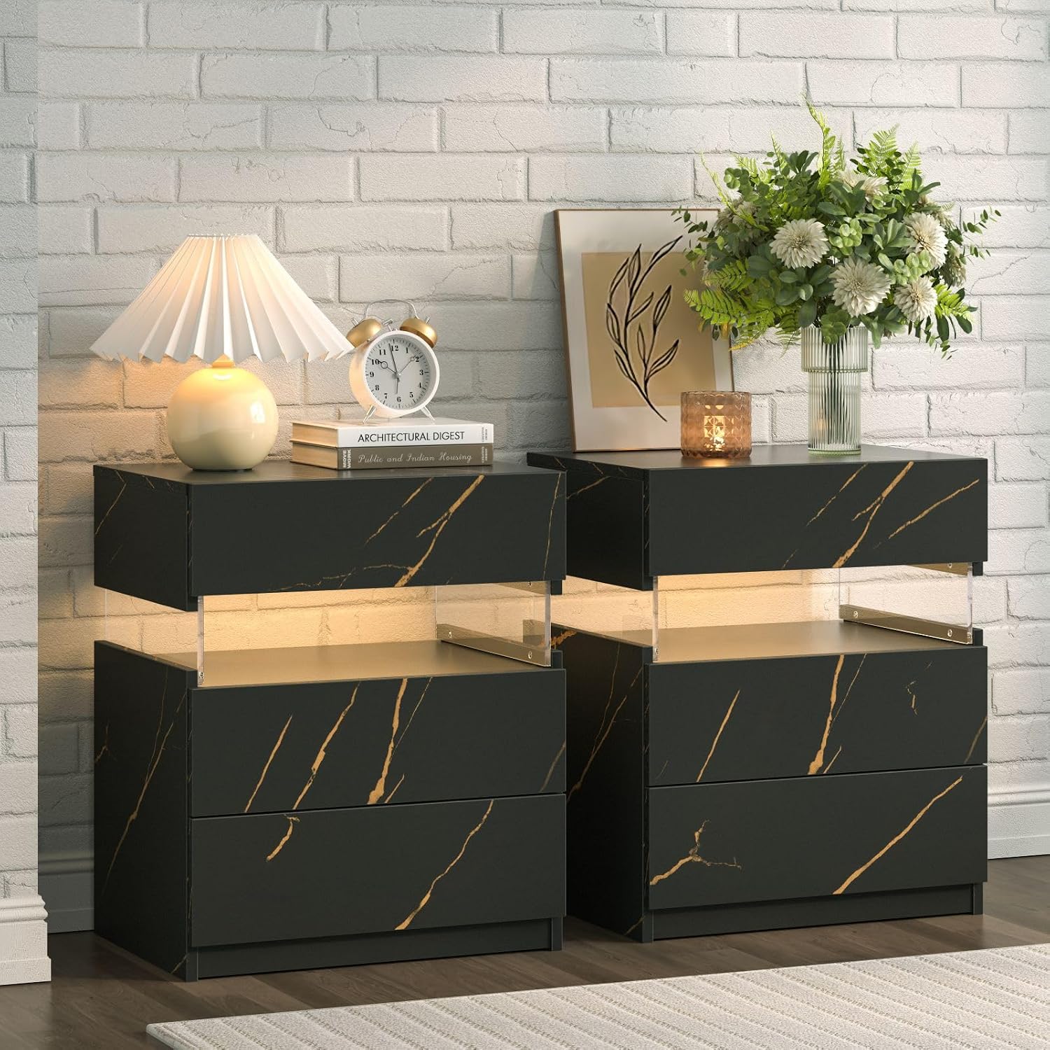 i-aplus LED Nightstand Set of 2,Night Stand Set 2,Modern Night Stand with 3 Drawers,Night Stands for Bedroom Set of 2,Bedside Table with Silent Slide Drawer