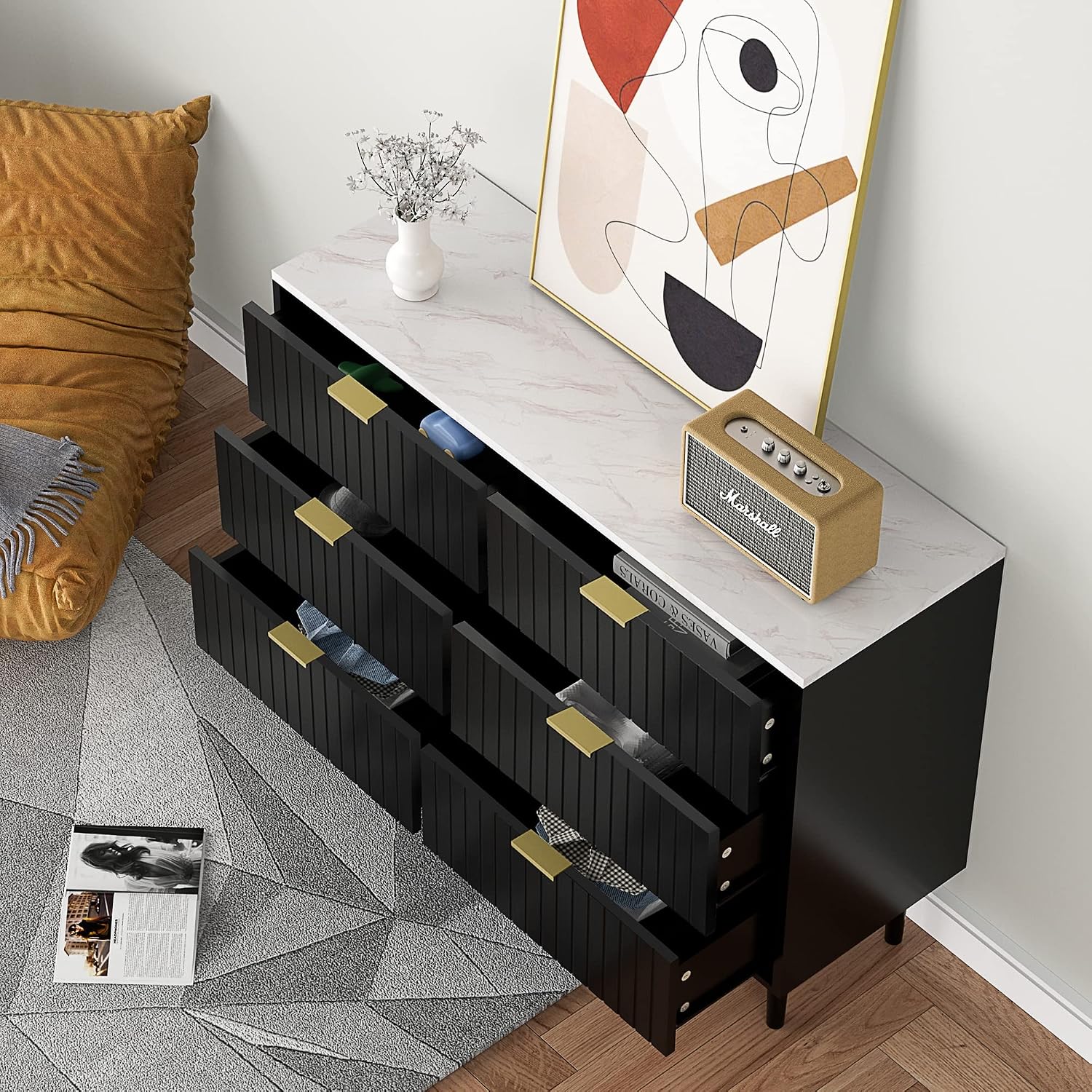 Anbuy Dresser and Nightstand Sets - 3 Pieces Bedroom Set with 6 Drawer Dresser and 2 Drawer Night Stands, Modern Dresser & Chests of Drawers Bedside Table with Gold Handle & Faux Marble Top