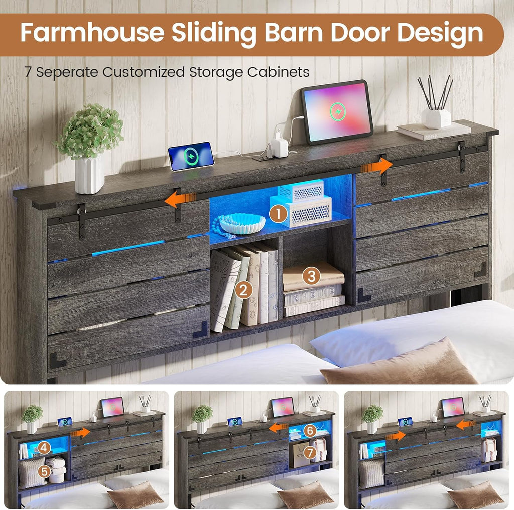 VIAGDO Wooden Bed Frame Queen Size with Bookcase Headboard and Sliding Barn Door, Farmhouse Queen Bed Frame with Charging Station, LED Lights and 4 Storage Drawers, No Box Spring Needed, Grey