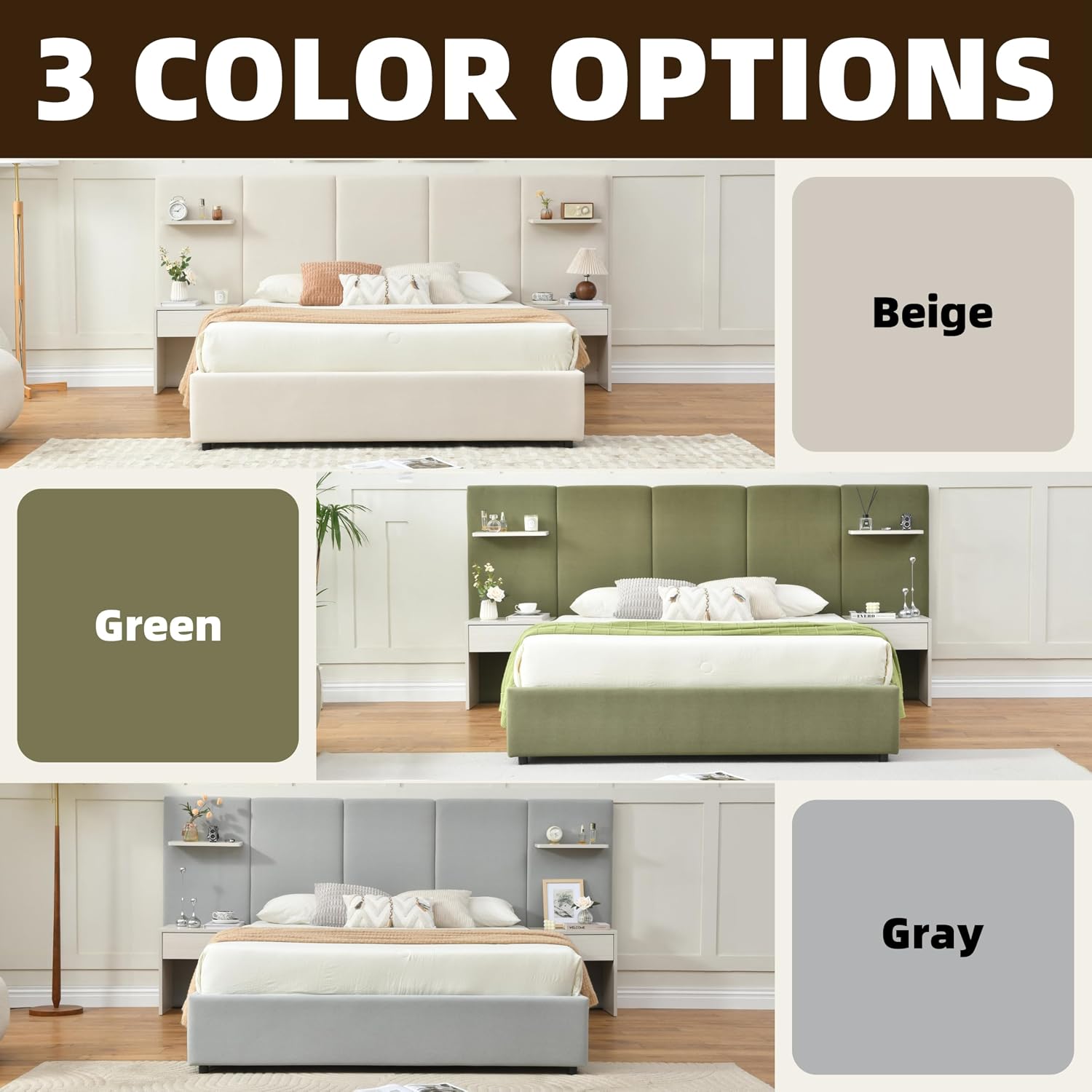 Queen Bed Frame with Storage & Built-in Nightstands, Velvet Upholstered Platform Bed Frame with Drawers & 2 Floating Storage Shelves, Noise-Free, No Box Spring Needed, Easy Assembly, Beige