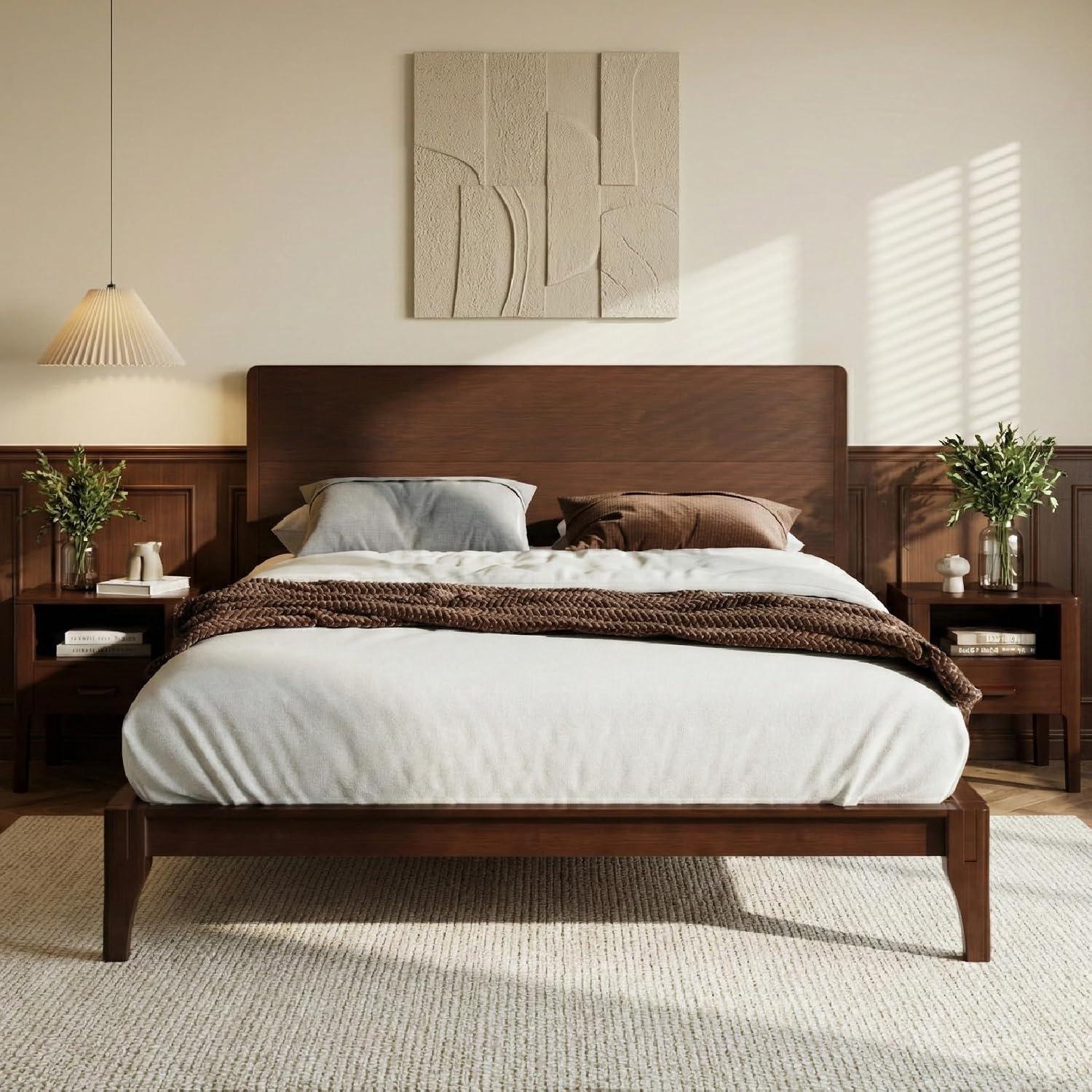 Merax 3 Pieces Bamboo Bedroom Sets, Mid-Century Modern Full Size Platform Bed with Tall Headboard, Storage Drawer Night Stands Set, Wood Slats Support, No Box Spring Needed, Easy Assembly, Espresso