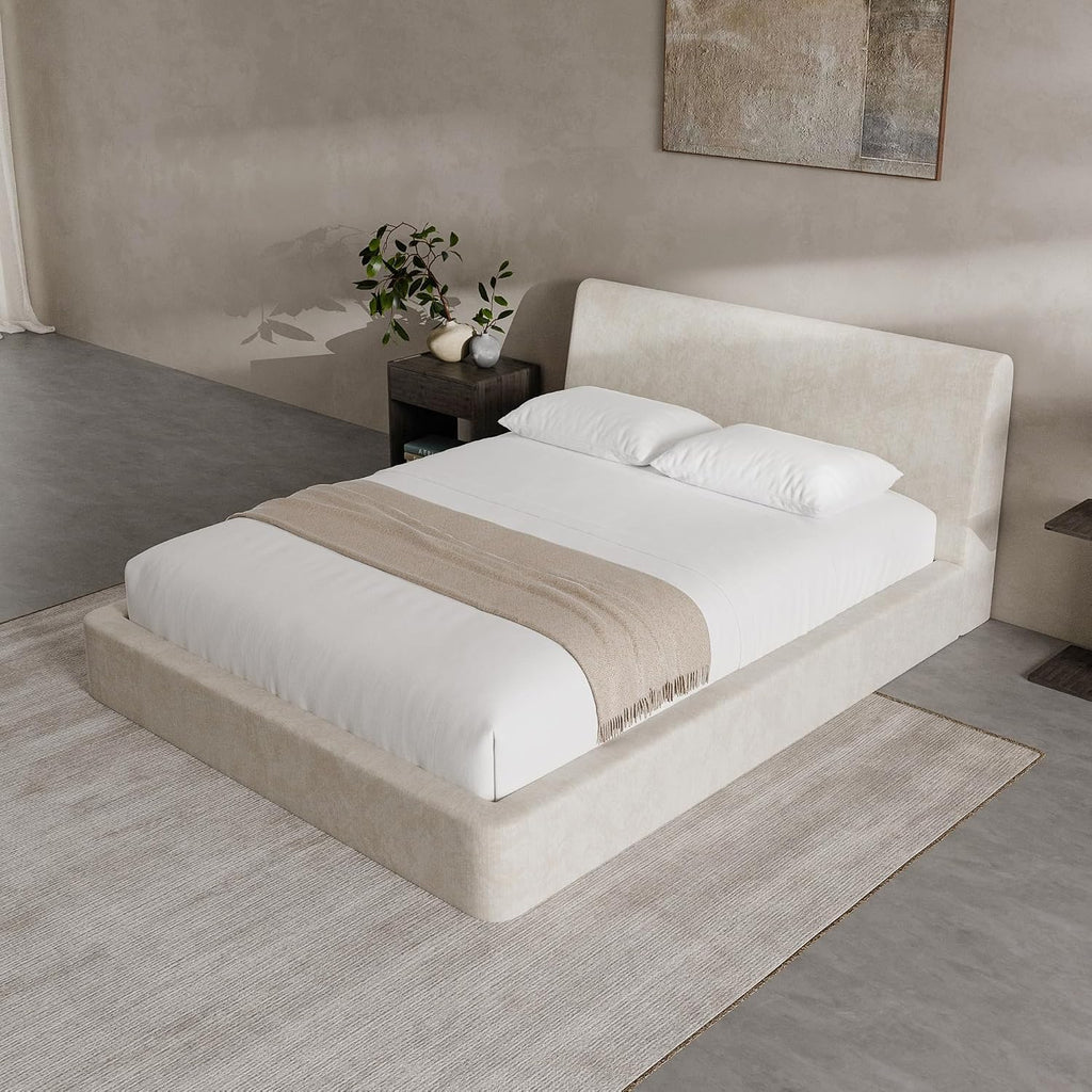 RECCI AirFrame Queen Bed Frame with Ergonomic Angled Foam Cushioned Headboard, Minimalist Design Platform Bed Frame, No Box Spring Needed, Easy Assembly (Beige Chenille)