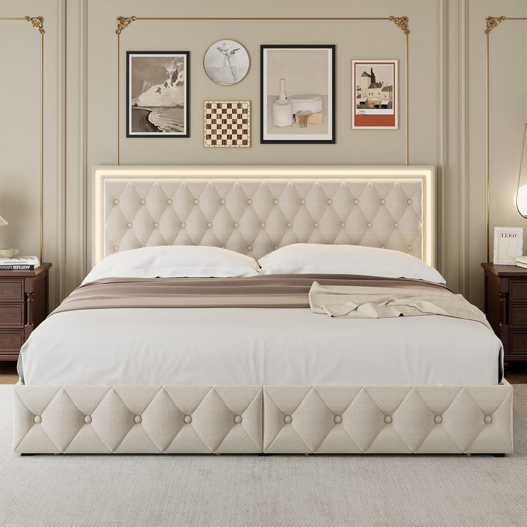 Keyluv Full Upholstered LED Bed Frame with 4 Drawers, Velvet Platform Storage Bed with Adjustable Button Tufted Headboard and Solid Wooden Slats Support, No Box Spring Needed, Beige