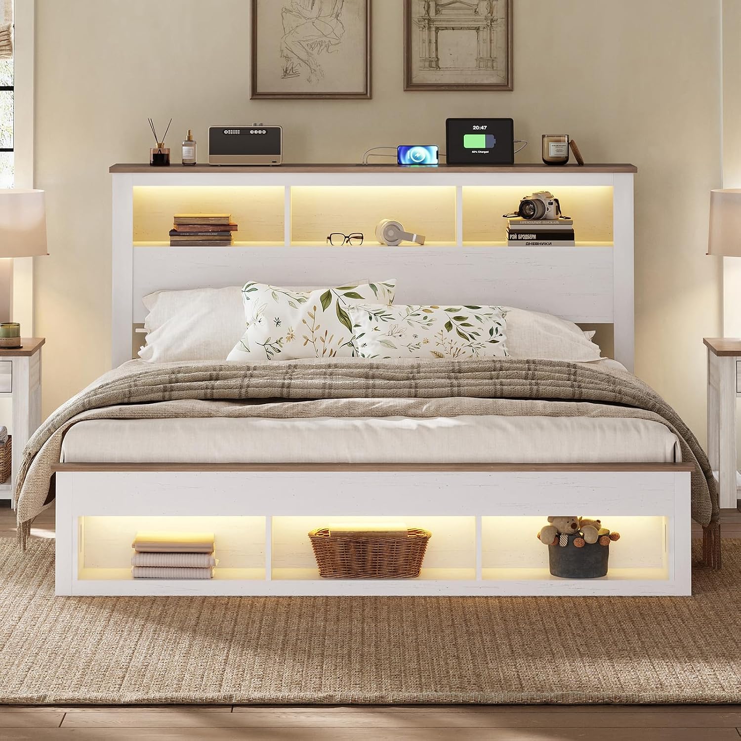 Albott Farmhouse King Size Bed Frame with Storage/Bookcase Headboard & Footboard, Wood Platform Bed with LED Lights/Charging Station, Heavy-Duty Metal Support/No Box Spring Needed/Noise-Free, White