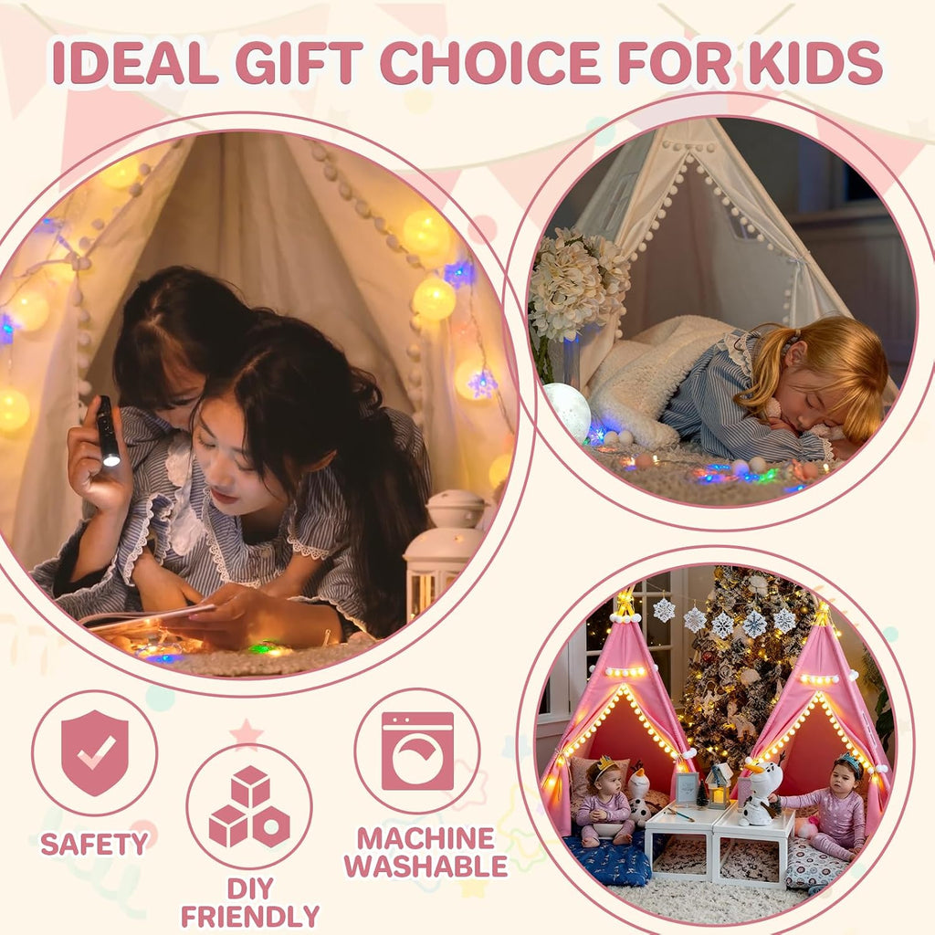 8 Pack Teepee Tent for Kids with Lights, Cotton Indoor Play Teepee with Pompom for Girls & Boys, Sleepover Tents for Boho Slumber Spa Party