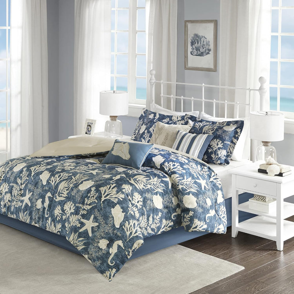 Madison Park 100% Cotton Comforter Set - Coastal Coral, Starfish Design All Season Down Alternative Cozy Bedding with Matching Shams, Decorative Pillow, Queen(90'x90'), Blue, Cape Cod Navy 7pcs