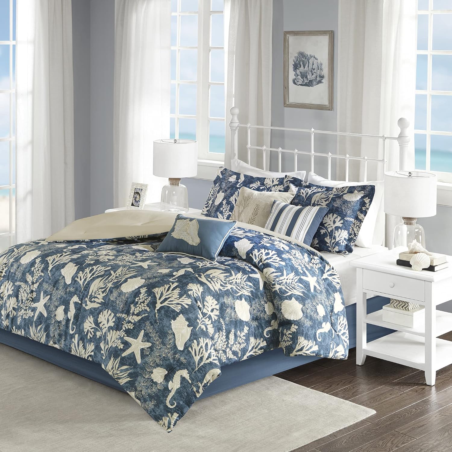 Madison Park 100% Cotton Comforter Set - Coastal Coral, Starfish Design All Season Down Alternative Cozy Bedding with Matching Shams, Decorative Pillow, Queen(90'x90'), Blue, Cape Cod Navy 7pcs