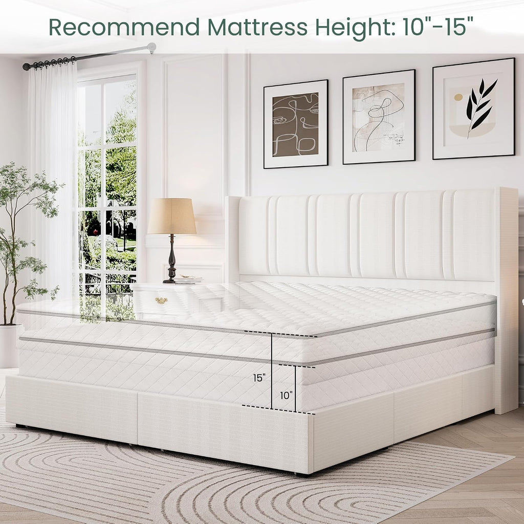 LARMACE Queen Size Bed Frame with 4 Storage Drawers and Wingback Headboard Linen Upholstered Platform Bed Frame with Wooden Slats, Easy Assembly, White