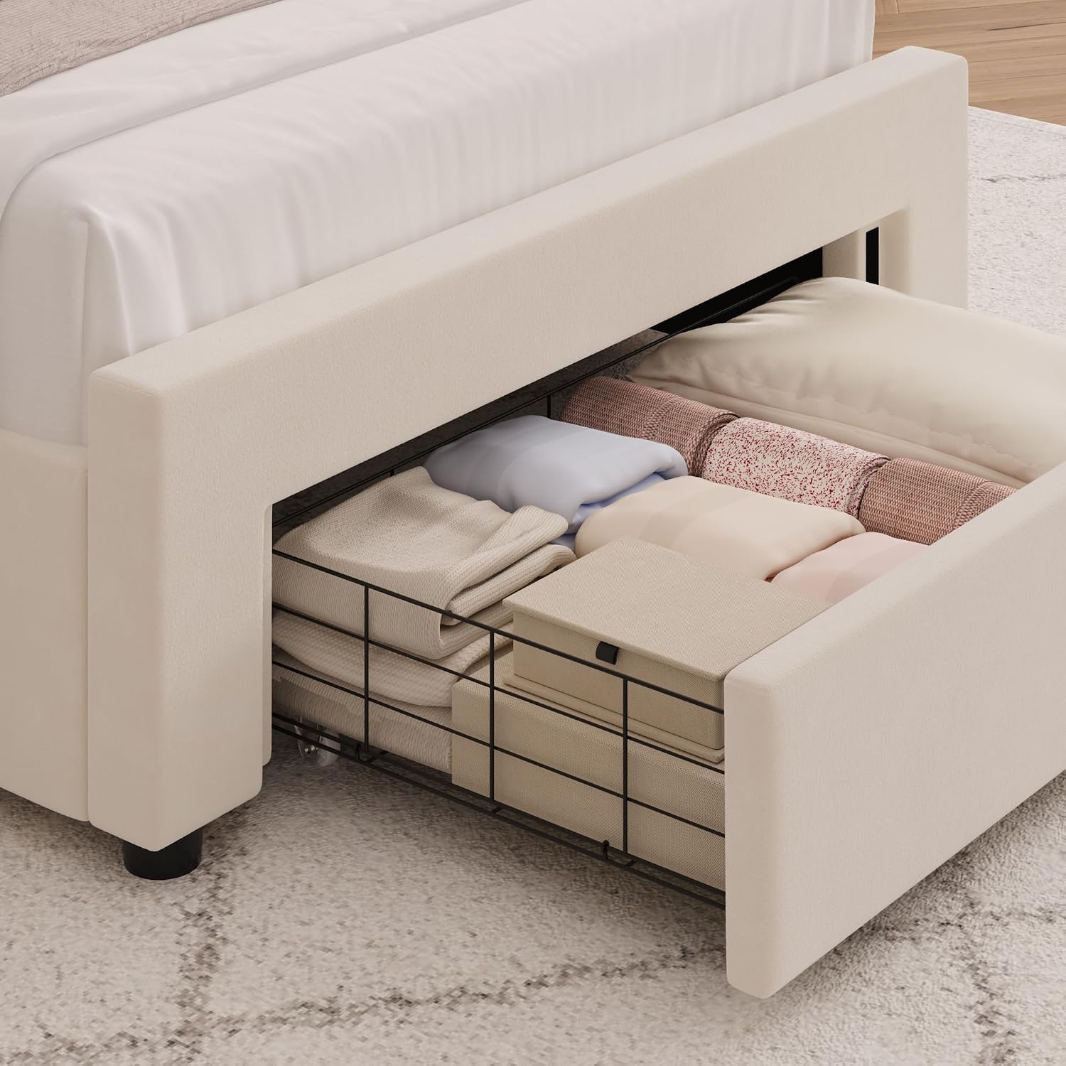 HITHOS Twin Upholstered LED Bed Frame with Storage Drawer, Velvet Kids Bed with Wingback Headboard, Princess Twin Platform Bed for Girls/Kids, Solid Wood Slats Support, No Box Spring Needed, Beige