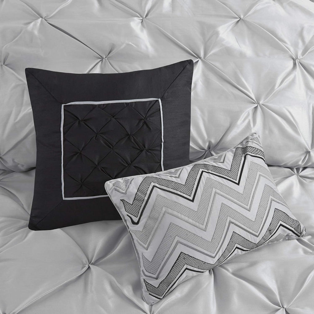 Madison Park Laurel Cozy Comforter Set - Traditional Tufted Faux Silk Design, All Season Down Alternative Bedding with Matching Shams, Decorative Pillow, Grey Cal King(104'x92') 7 Piece