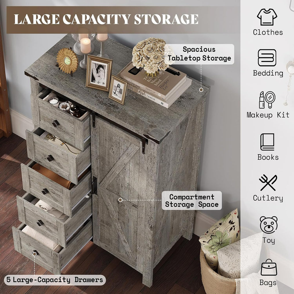 AMERLIFE 2PCS Farmhouse Dresser Set with Sliding Barn Doors, Bedroom Sets Include 47'' Dresser with 4 Drawers, 5-Drawer Tall Dresser, Light Rustic Oak