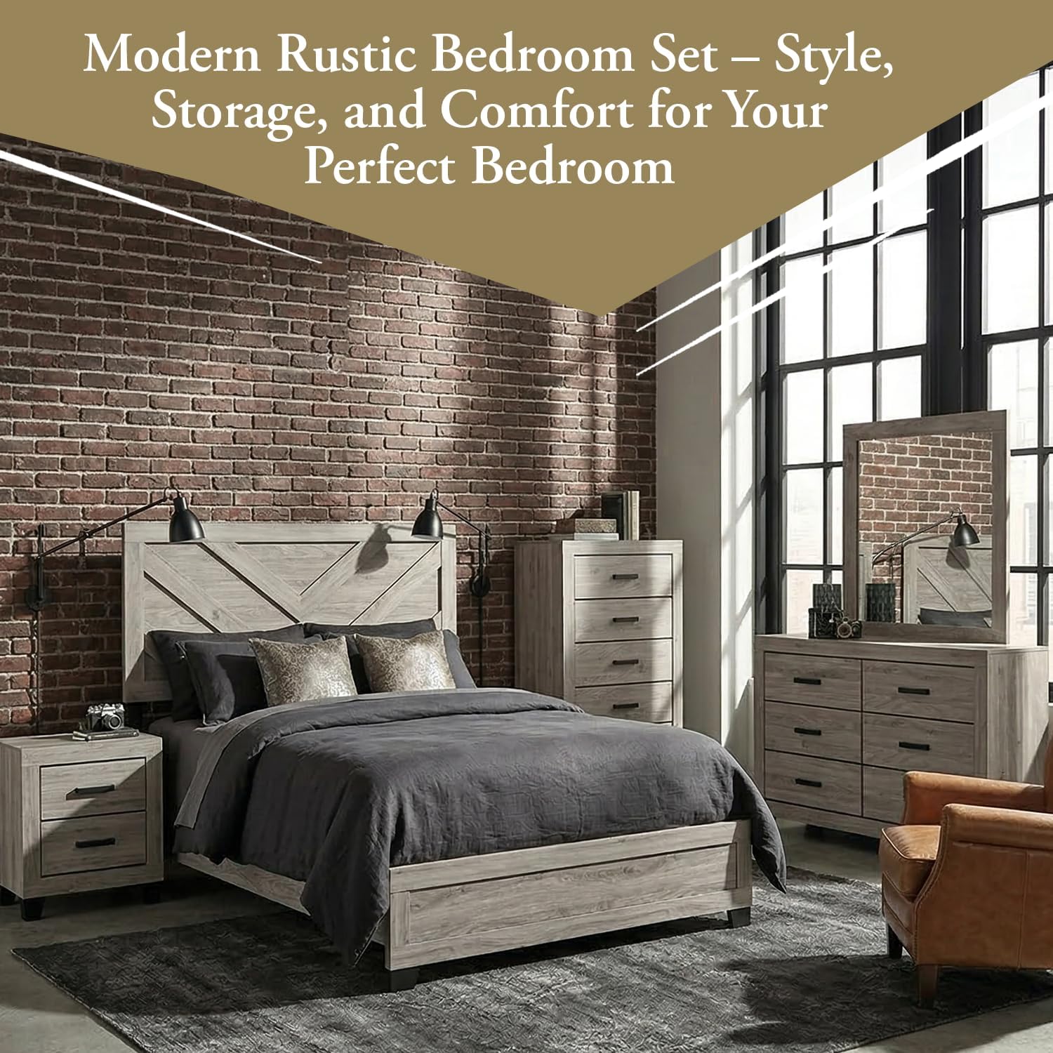 Kings Brand Furniture Napa Farmhouse 6-Piece Bedroom Set - Bed Frame with Headboard, Chest, Dresser and Mirror and 2 Nightstands (King Size)