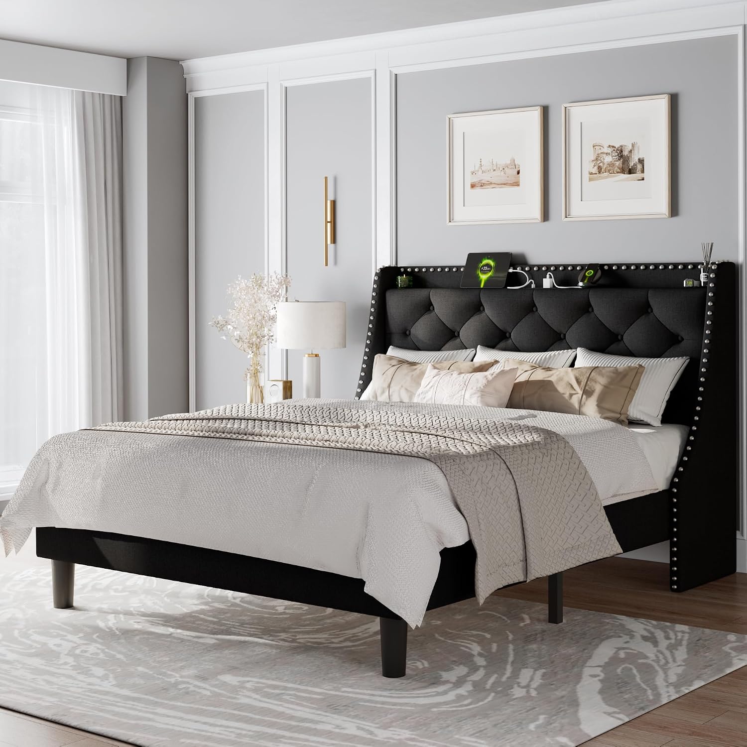 Feonase Full Size Bed Frame with Luxury Wingback and Fast Charging Station,Full Upholstered Button Tufted Storage Headboard Platform Bed,Sturdy Wooden Slats Support,Noise-Free,Easy Assembly,Black