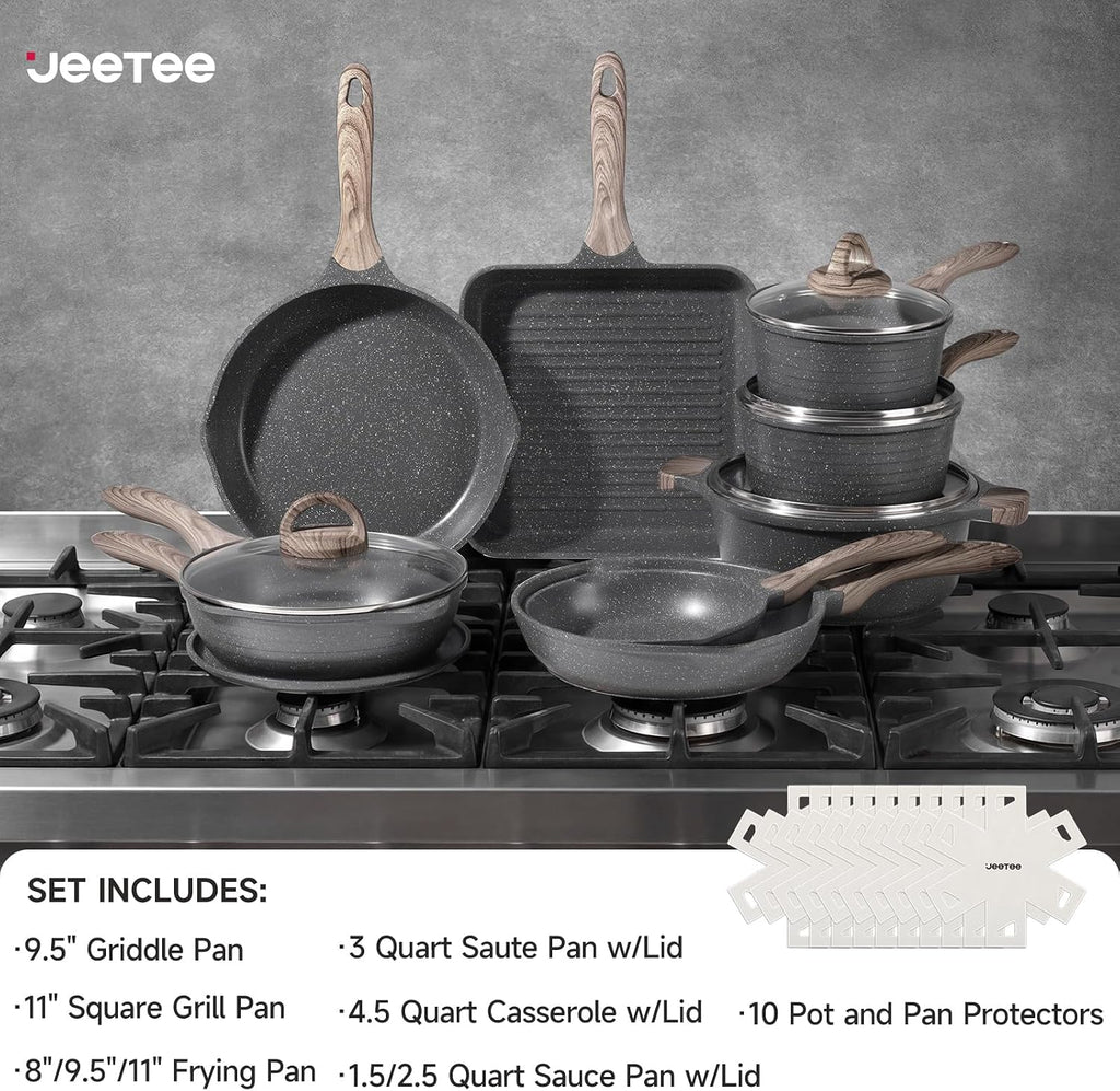 JEETEE Pots and Pans Set Non Stick 23pcs, Healthy Kitchen Cookware Sets, Induction Cooking Set W/Gray Frying Pans, Saucepans, Sauté & Griddle & Crepe Pan (PFOA, PFAS Free)