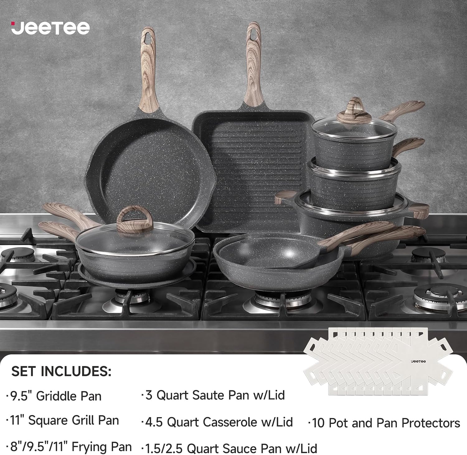 JEETEE Pots and Pans Set Non Stick 23pcs, Healthy Kitchen Cookware Sets, Induction Cooking Set W/Gray Frying Pans, Saucepans, Sauté & Griddle & Crepe Pan (PFOA, PFAS Free)