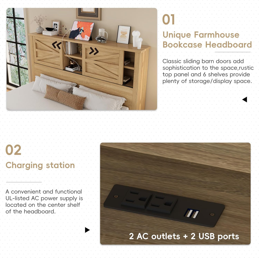 SOFTSEA 3 Pieces Farmhouse Bedroom Set, Full Size Platform Bed with a Nightstand and 6-Drawer Dresser, Wood Platform Bed with Sliding Barn Door Headboard and Charging Station, Natural