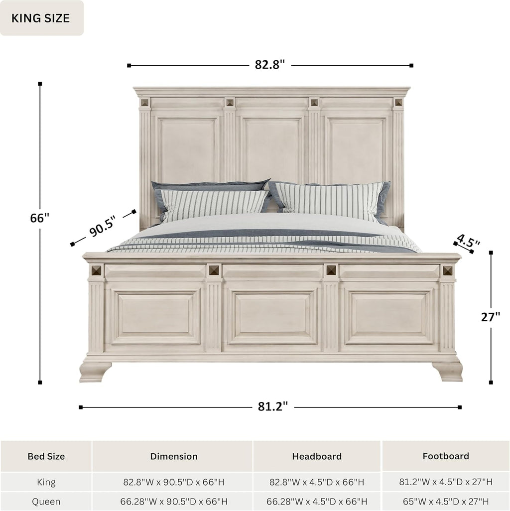 Roundhill Furniture Renova Distressed Parchment Wood Bedroom Set, Panel Bed, Dresser, Mirror, Nightstand, King