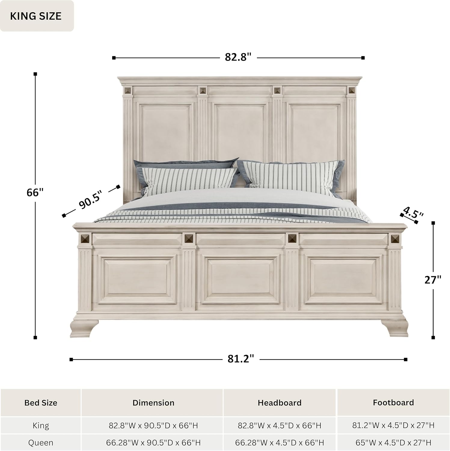 Roundhill Furniture Renova Distressed Parchment Wood Bedroom Set, Panel Bed, Dresser, Mirror, Nightstand, King