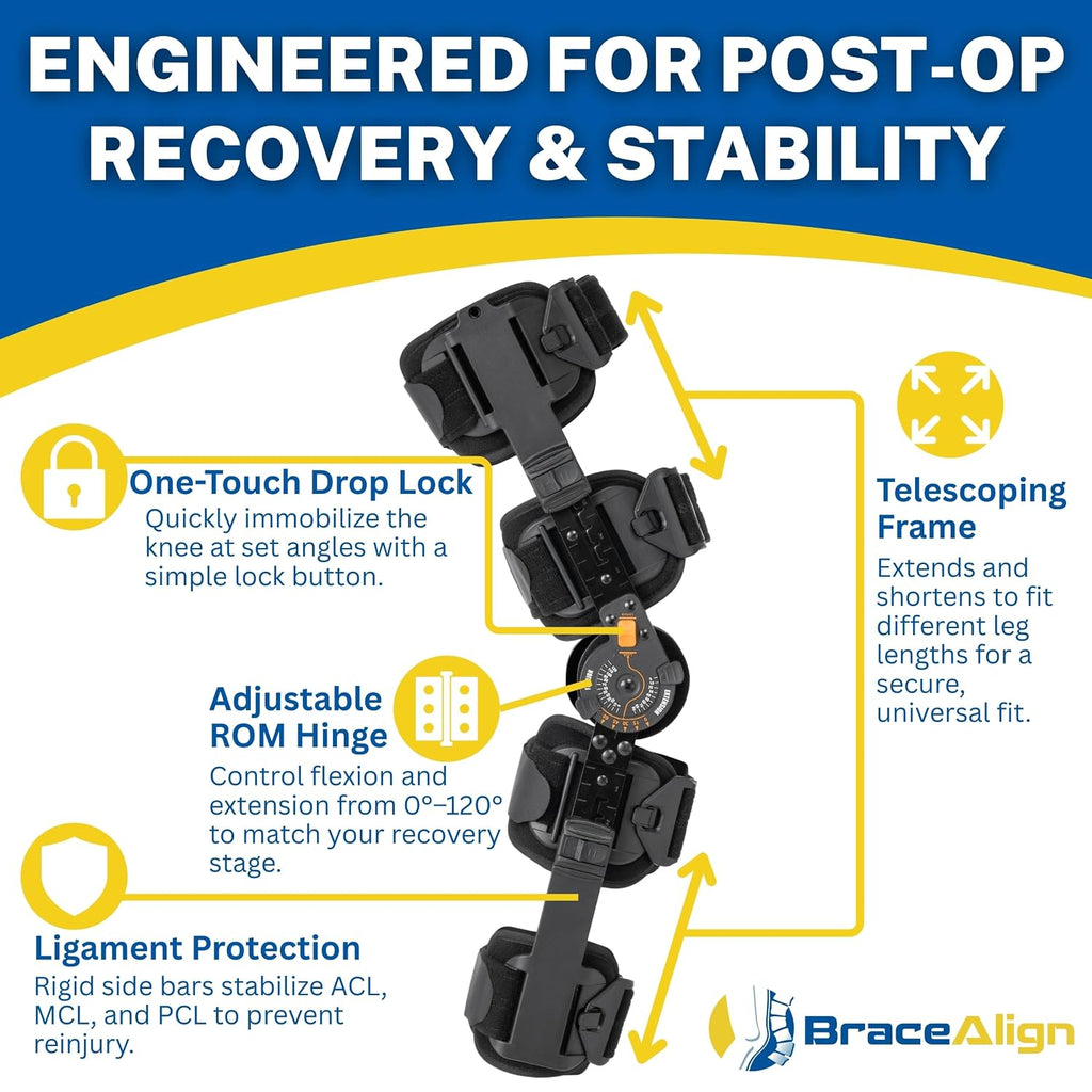FlexTrack ROM Telescoping Post Op Knee Brace - Adjustable Hinged Stabilizer for ACL, MCL, PCL Injury Recovery & Surgery Support - L1832 L1833