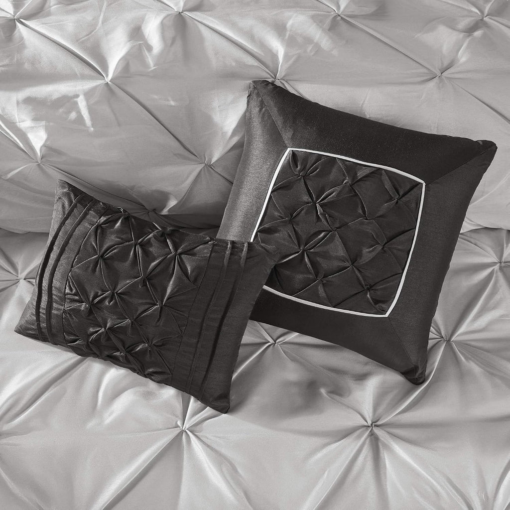 Madison Park Essentials Room in a Bag Faux Silk Comforter Set - Luxe Diamond Tufting All Season Bedding, Matching Curtains, Decorative Pillows, Grey Queen(90'x90') 24 Piece