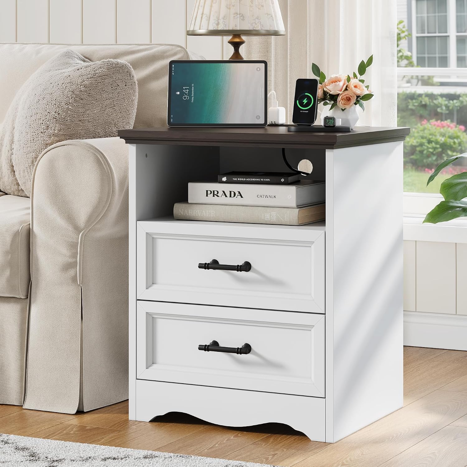 Bedroom Set, 3 Pieces Bedroom Furniture Set, Wood 7 Drawer Dresser and Nightstands with Charging Station, Farmhouse Storage Organizer Cabinet for Bedroom, White