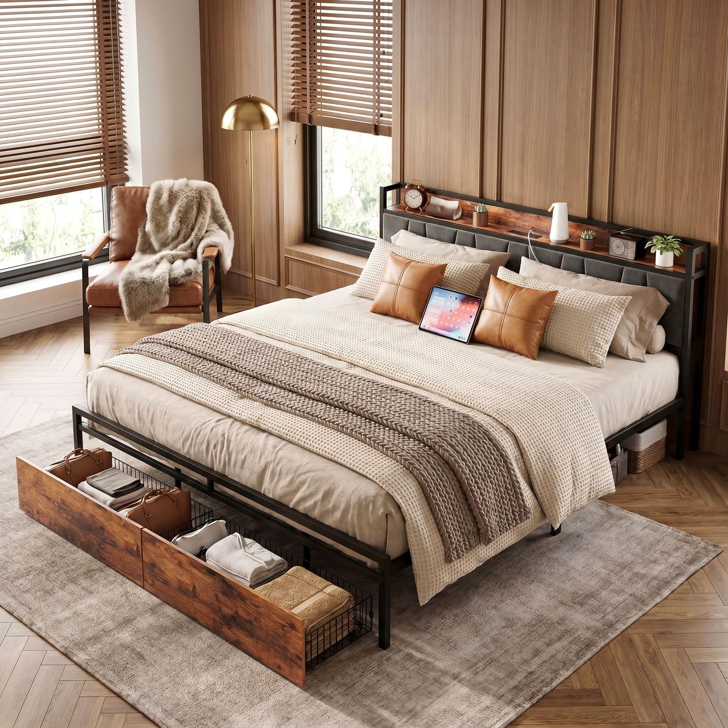 LIKIMIO King Size Bed Frame, Storage Headboard with Charging Station, Platform Bed with Drawers, No Box Spring Needed, Easy Assembly, Industrial Brown and Gray