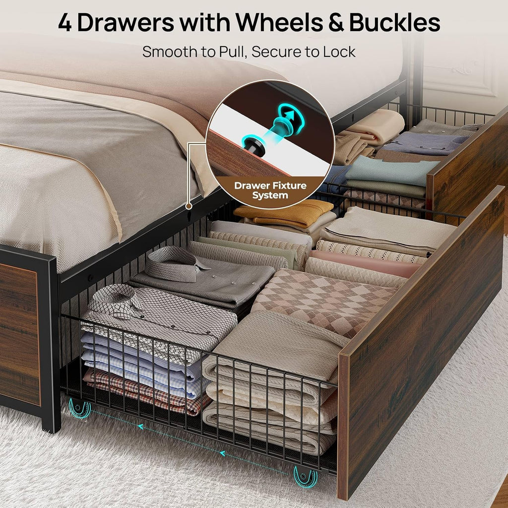 Rolanstar Queen Bed Frame with 4 Storage Drawers, Charging Station and LED Lights, Metal Platform Bed with 2-Tier Storage Headboard, No Box Spring Needed, Easy Assembly, Noise-Free, Walnut