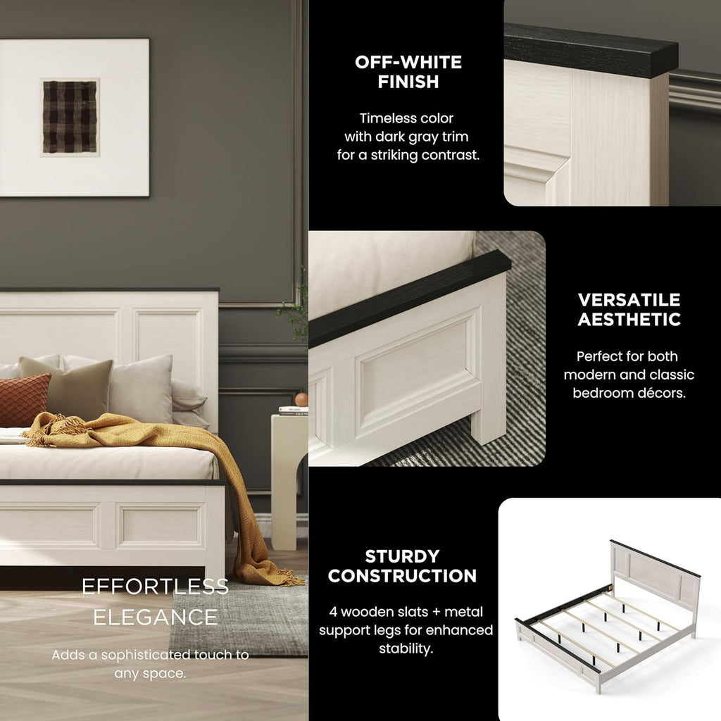 Roundhill Furniture Realynn 3-Piece Wood Bedroom Set, King Size Panel Bed with 2 Nightstands, Off-White Finish
