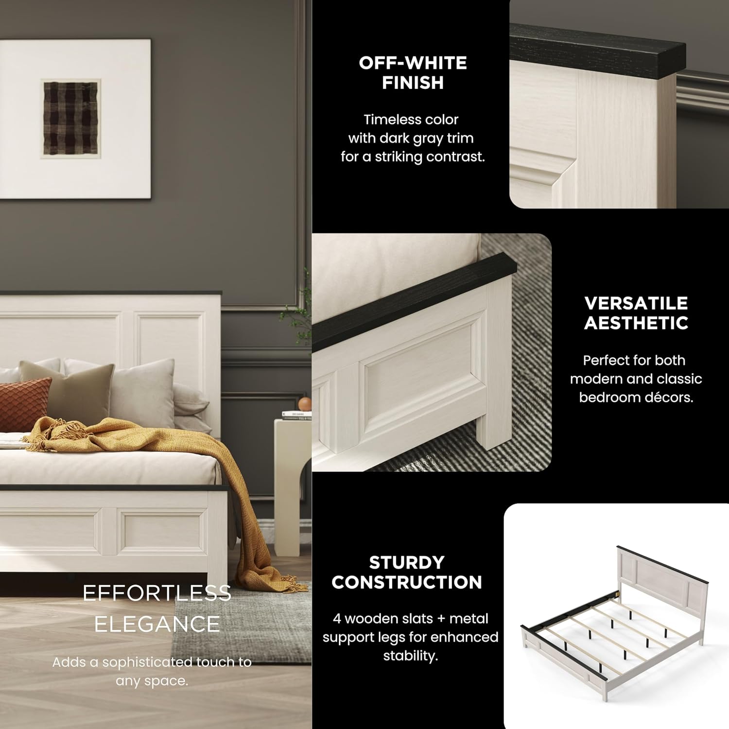 Roundhill Furniture Realynn 3-Piece Wood Bedroom Set, King Size Panel Bed with 2 Nightstands, Off-White Finish