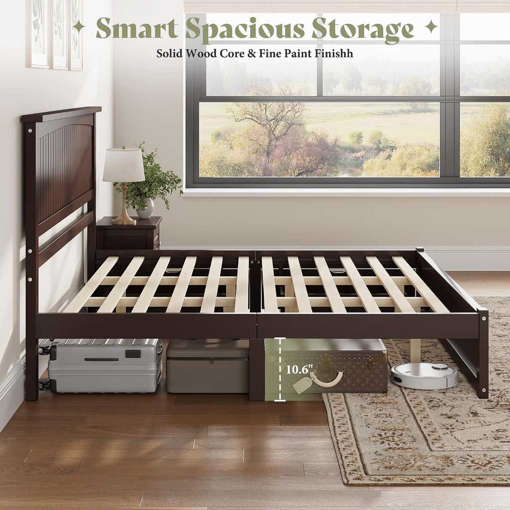 AMERLIFE Solid Wood Full Size Storage Bed Frame with Headboard, Platform Bedframe with 2 Storage Drawers, Beadboard Design & Wooden Slats/No Box Spring Needed/Noise-Free, Espresso Brown Finish