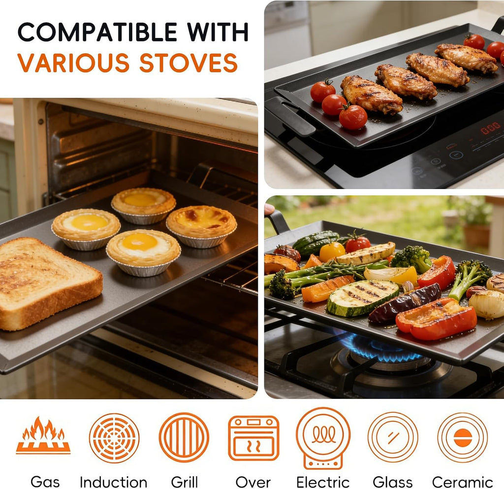 XUDAKAIXIN Carbon Steel Griddle + Grill Press | Professional-Grade Seasoned Cookware | Induction, Gas & Oven Compatible (Up to 1200°F) | Long-Lasting & Durable