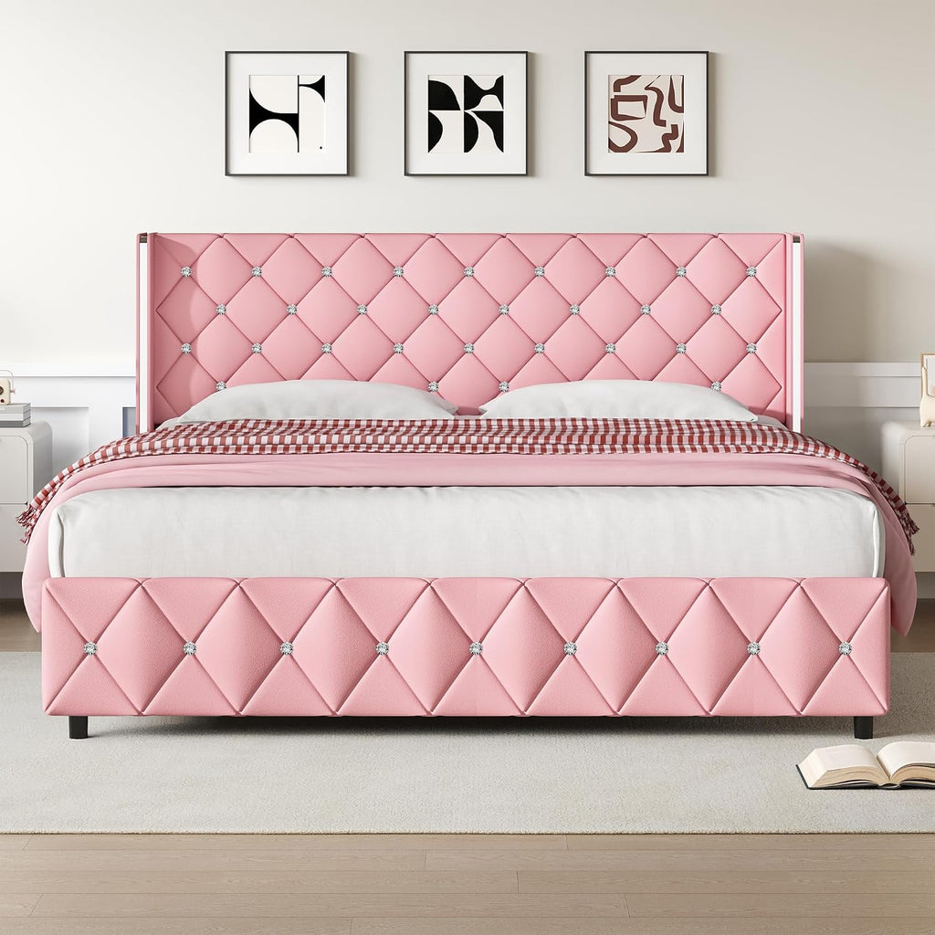Lullabyre King Size Bed Frame, Upholstered Bed Frame with Diamond Tufted Headboard, Modern Silverside Wingback, No Box Spring Needed, Easy Assembly, Pink