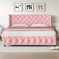 Lullabyre King Size Bed Frame, Upholstered Bed Frame with Diamond Tufted Headboard, Modern Silverside Wingback, No Box Spring Needed, Easy Assembly, Pink