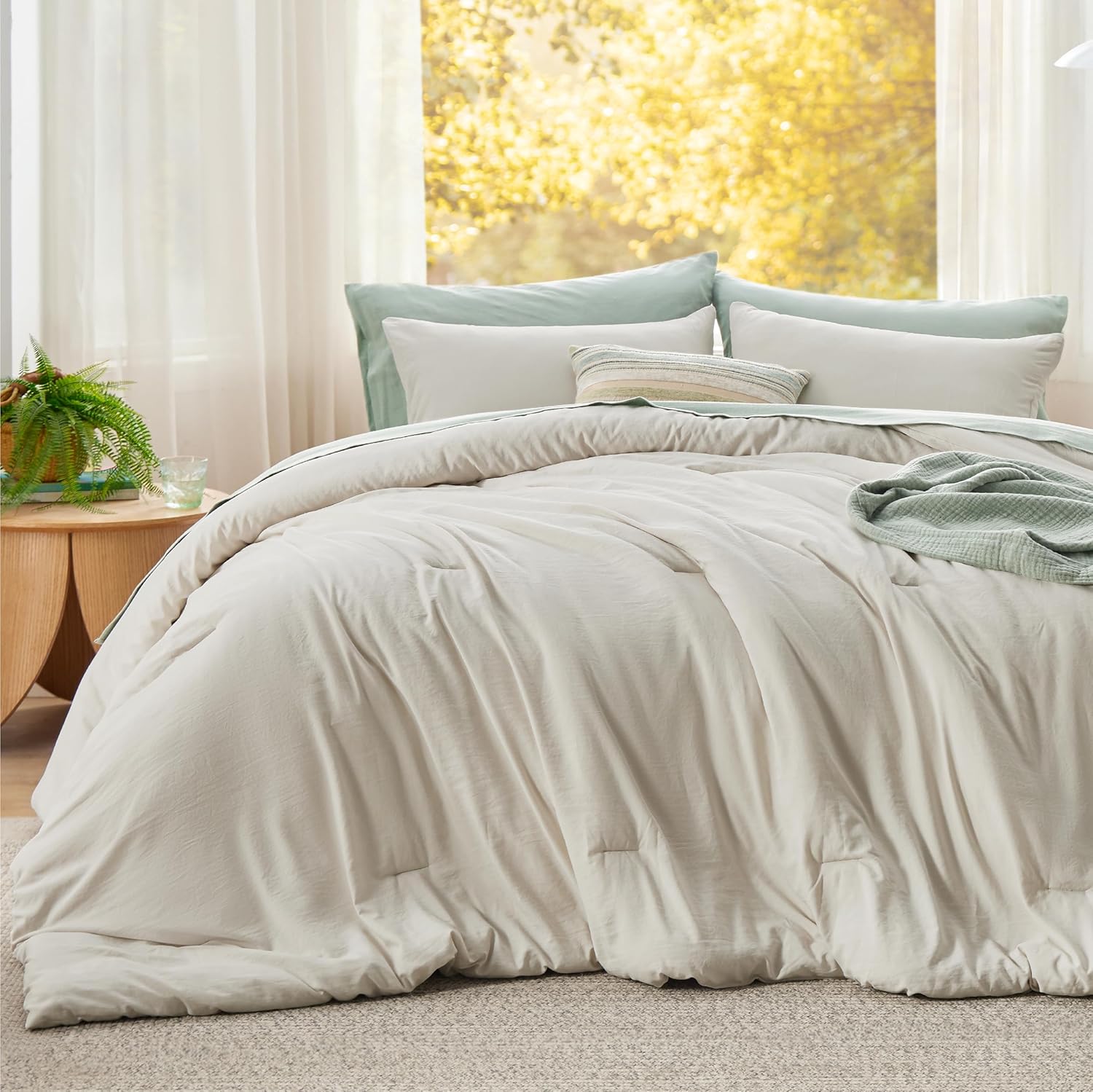 Bedsure Super King Plus Comforter Set, Beige Soft Prewashed Bedding for All Seasons, 3 Pieces GentleSoft™ Bed Set, 1 Lightweight Comforter (128'x120') and 2 Pillowcases (20'x36')