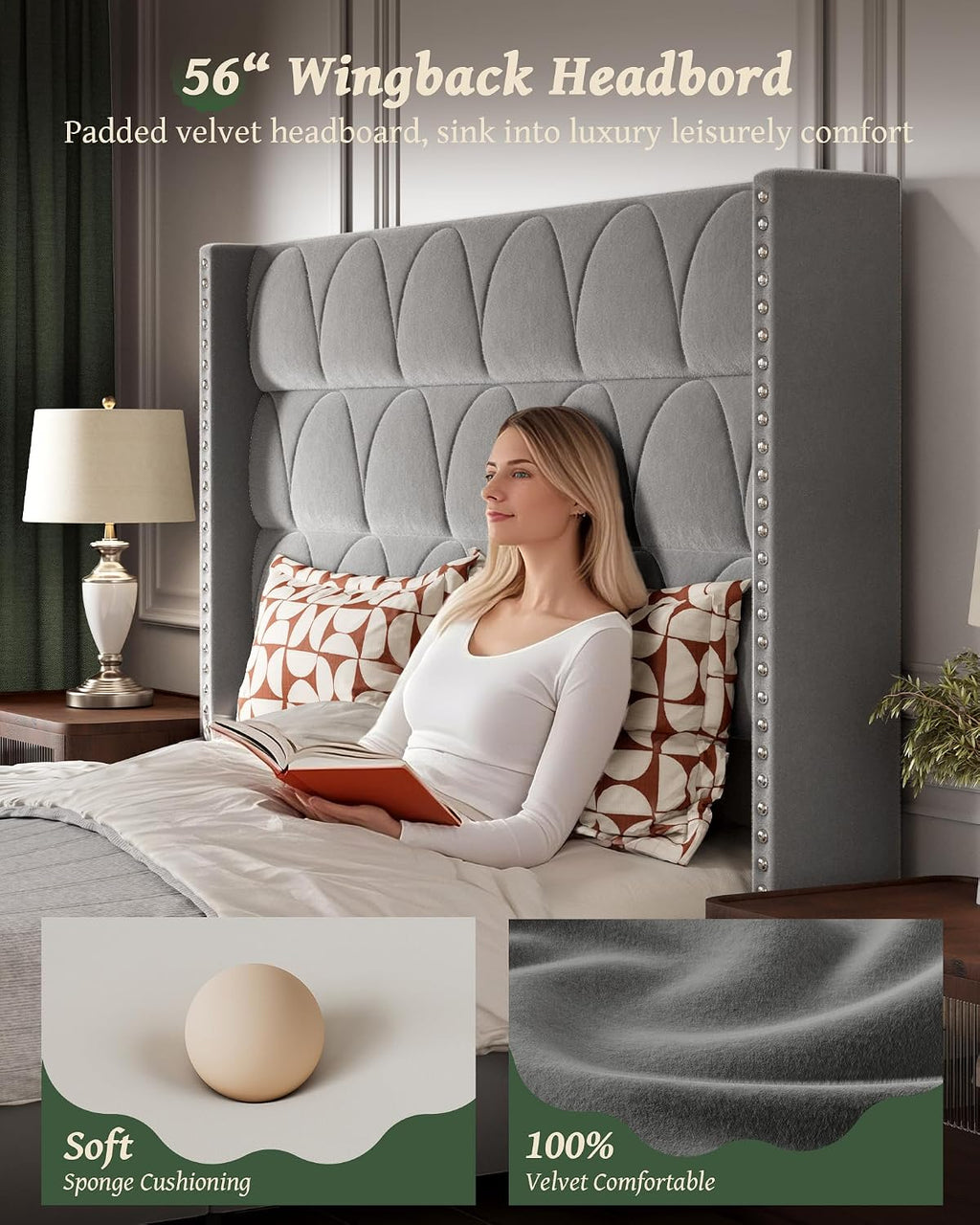 OHOHOLIVE King Size Bed Frame with 56' Headboard - Velvet Upholstered Wingback Platform Bed Frame, Noise Free, Sturdy Wooden Slat Support (Deep Gray, King)