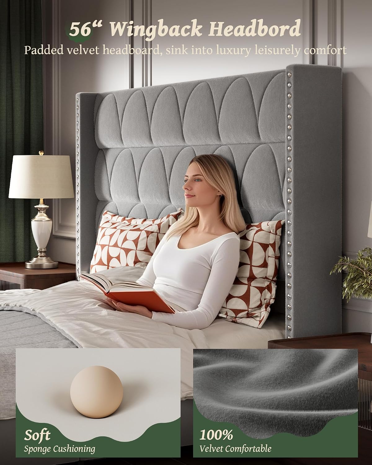 OHOHOLIVE King Size Bed Frame with 56' Headboard - Velvet Upholstered Wingback Platform Bed Frame, Noise Free, Sturdy Wooden Slat Support (Deep Gray, King)