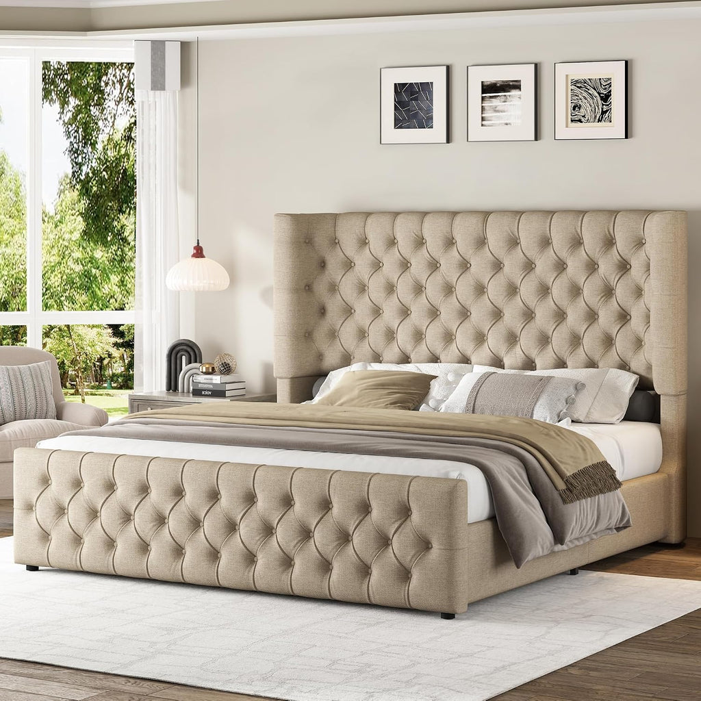 Jocisland King Size Platform Bed Frame, 6.3' Thick Upholstered Curved Wingback Headboard and Footboard with Deep Button Tufted, Easy Assembly, No Box Spring Needed, Khaki Linen