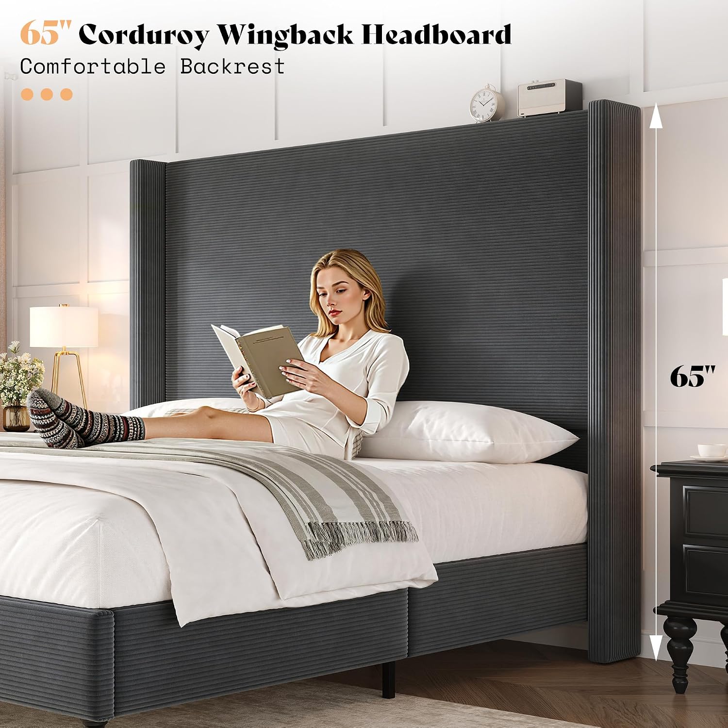 AMERLIFE King Size Bed Frame with 65' Tall Headboard, Upholstered Corduroy Bed Frame with Wingback, Platform Bed with Solid Wood Gourd Legs, Solid Slats, No Box Spring Needed, Dark Grey