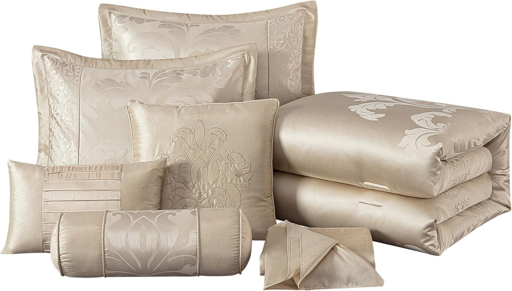Chezmoi Collection Royale 7-Piece Jacquard Floral Comforter Set, Oversized Queen, Champagne